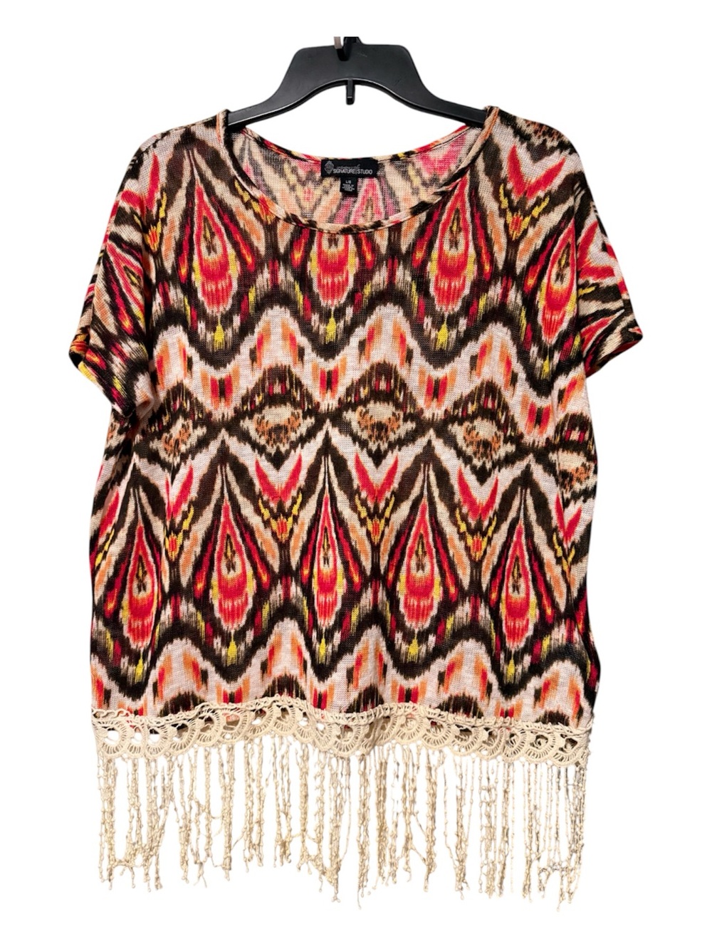 Signature Studio Multicolor Ikat Fringe Hem Short-Sleeve Top